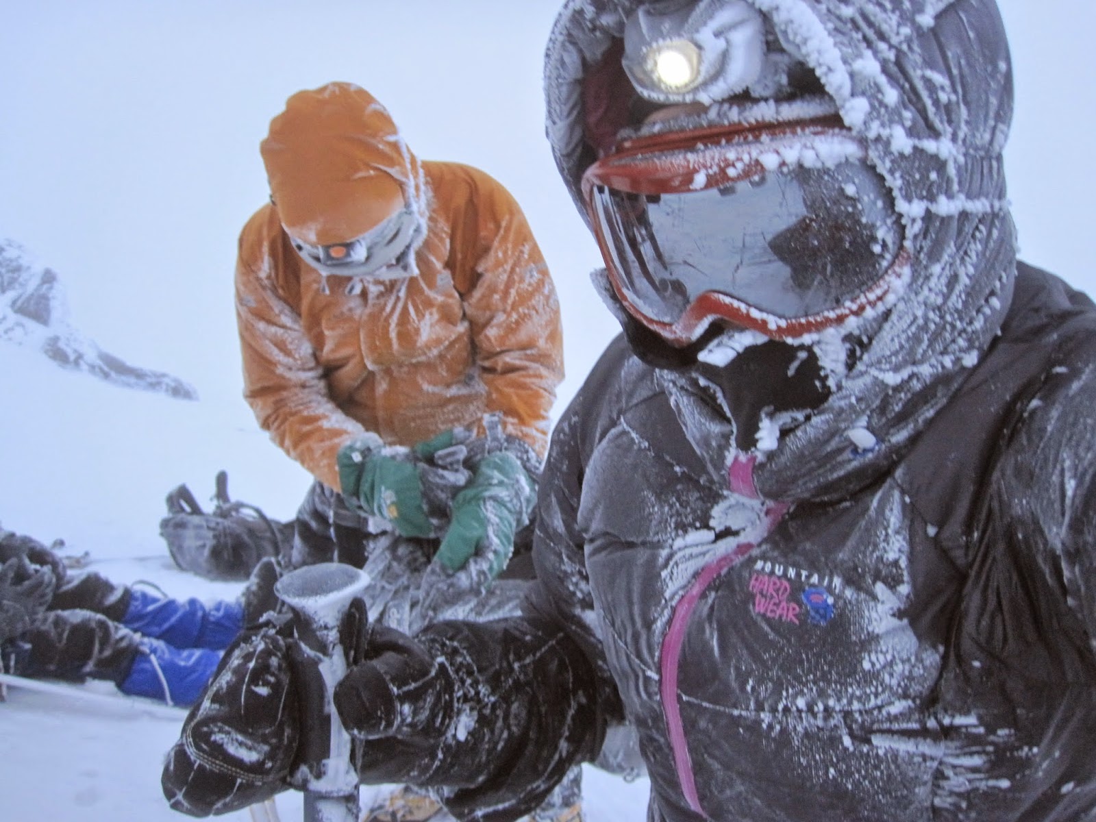I didn't dare expose myself while the snow and wind were blowing, and as you can see I accumulated quite a bit of ice on my face, goggles, and jacket! I was warm underneath, though!