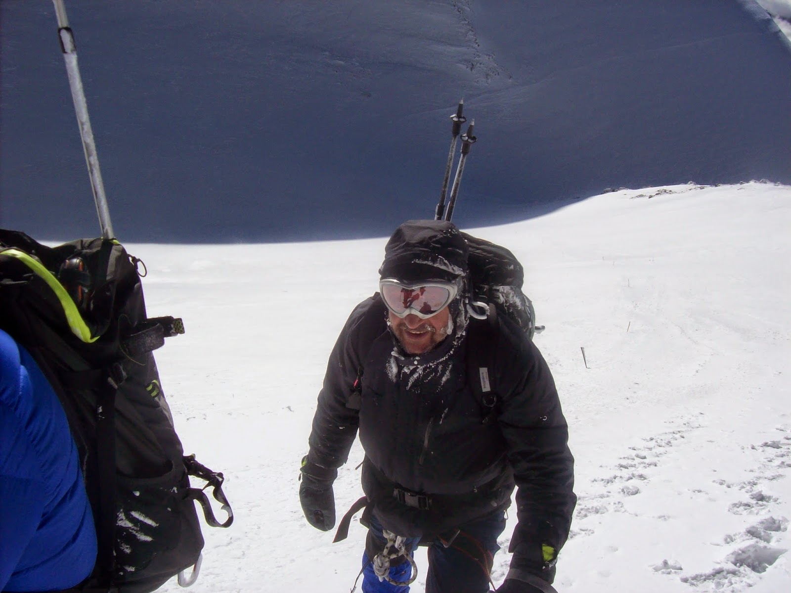 Looking down the scary steep part. If you fell, you better self arrest with an ice axe quick or else you won't be stopping for a while!