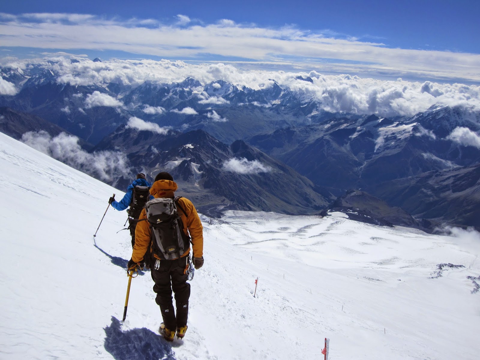 Amazing views of the Caucasus Mountains below us as we are descending Mount Elbrus