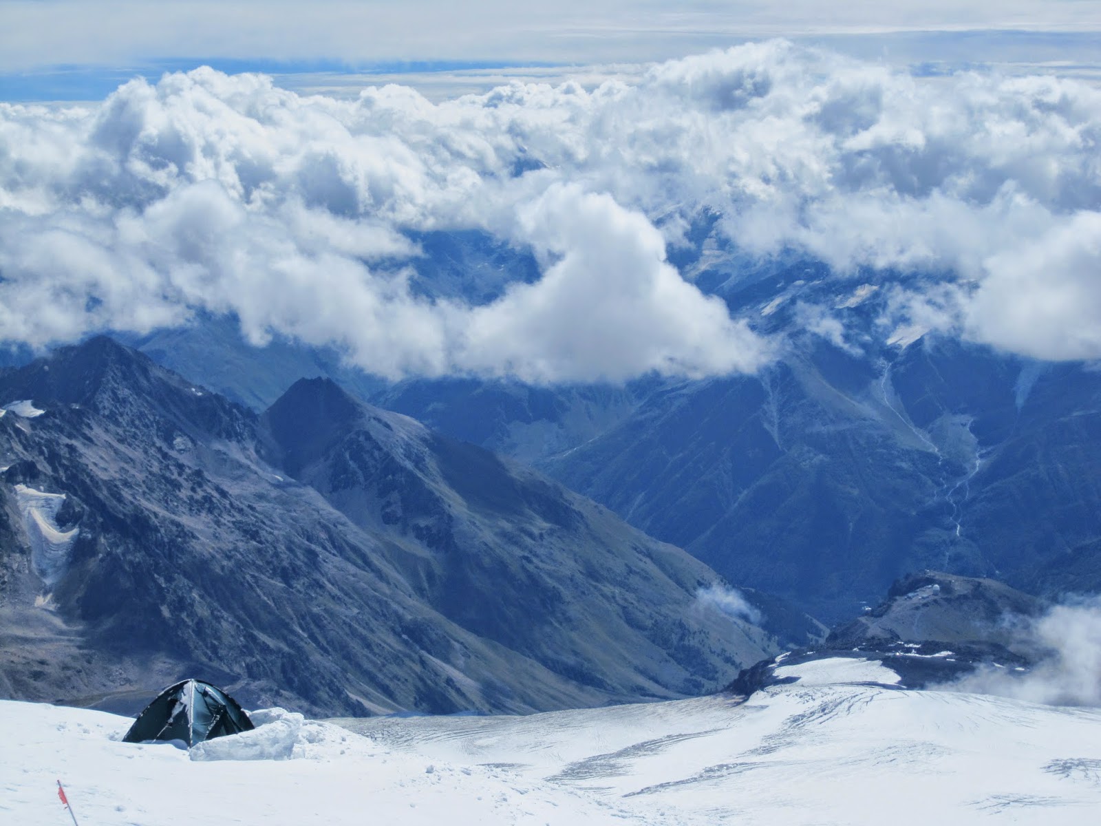 Camping on the slopes of Mount Elbrus on the standard South Route