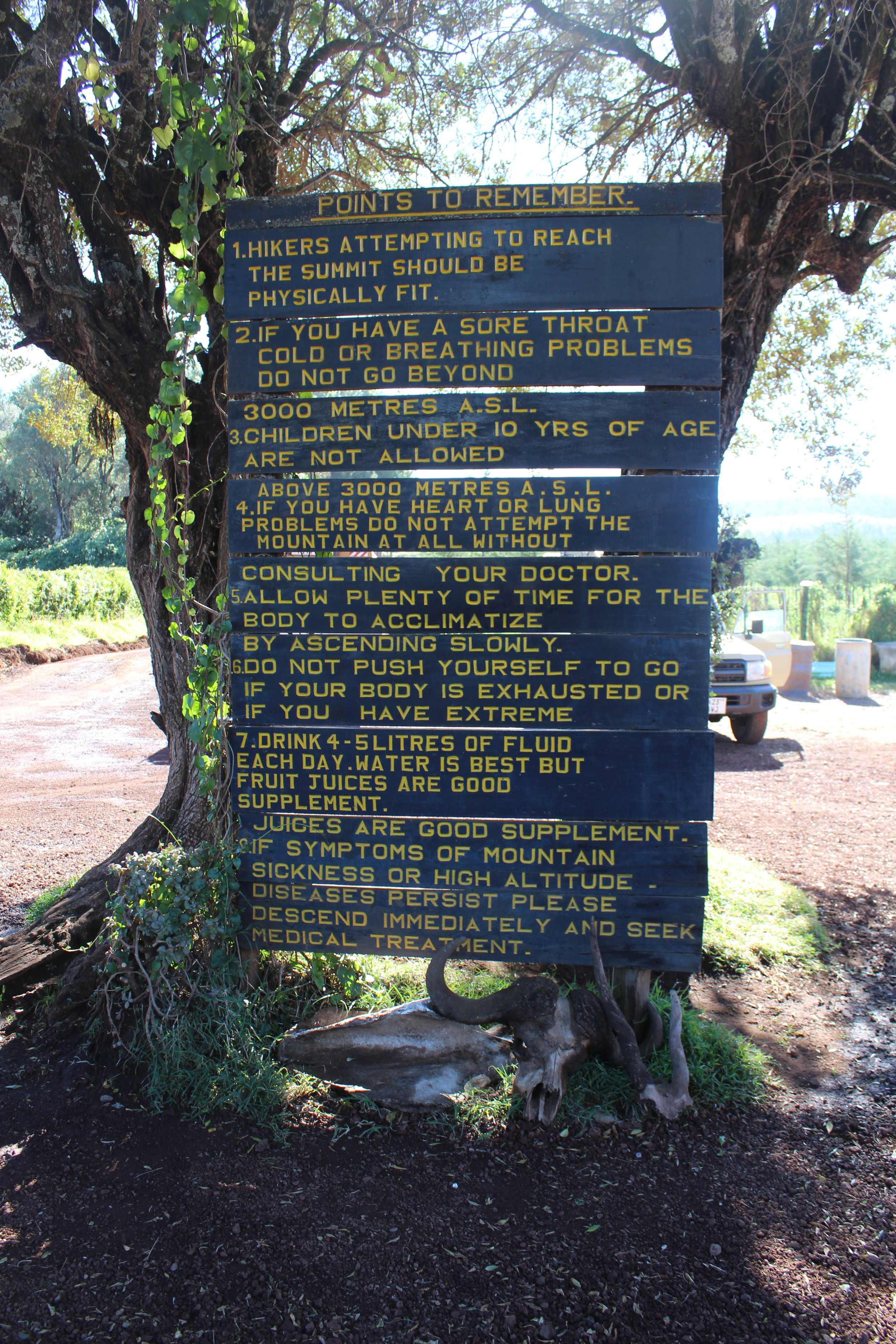Sign at the Lonsorossi Gate showing warnings of Mount Kilimanjaro.