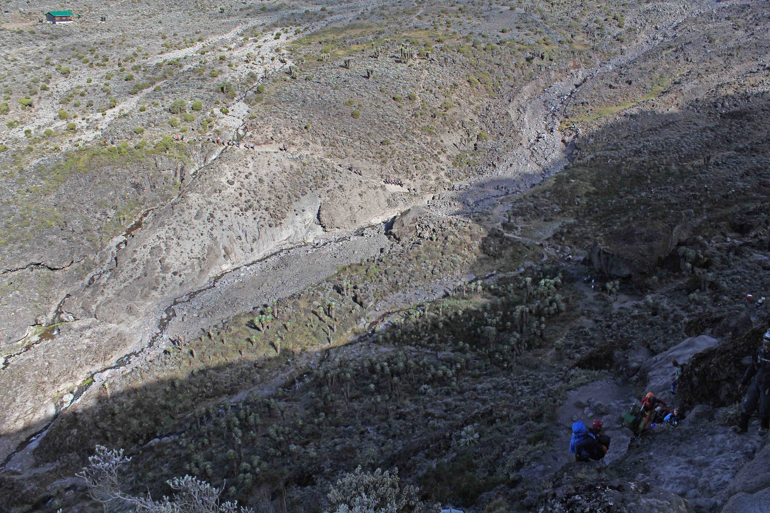 Looking down on last night's camp from the top of the Barranco Wall