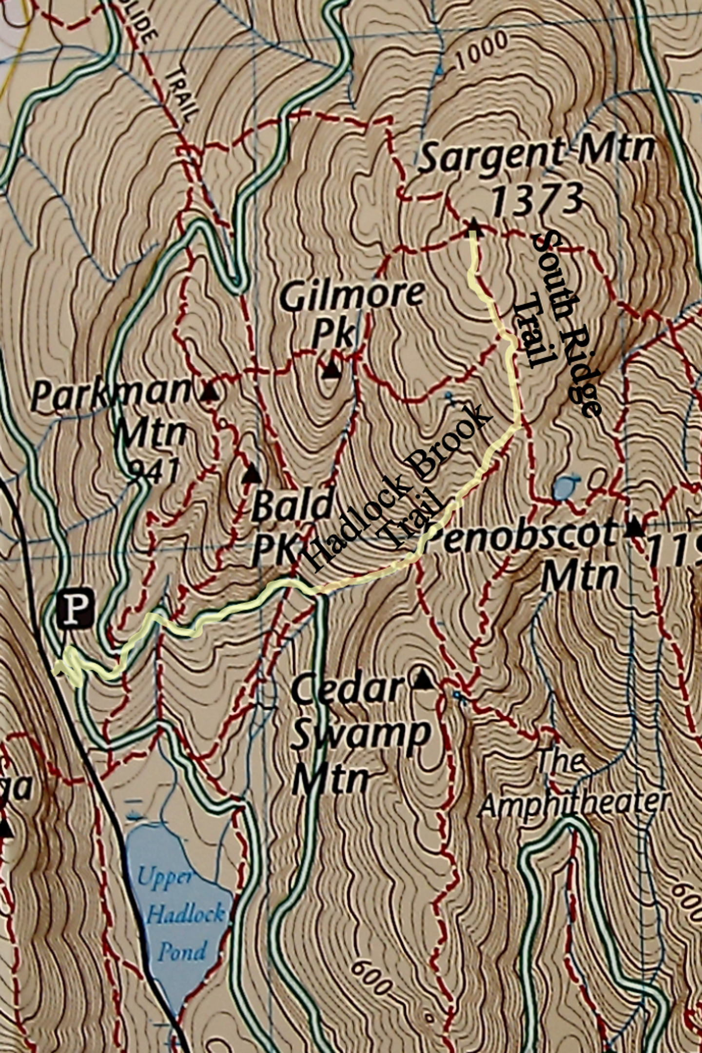 Map of Hadlock Brook Trail and South Ridge Trail up Sargent Mountain