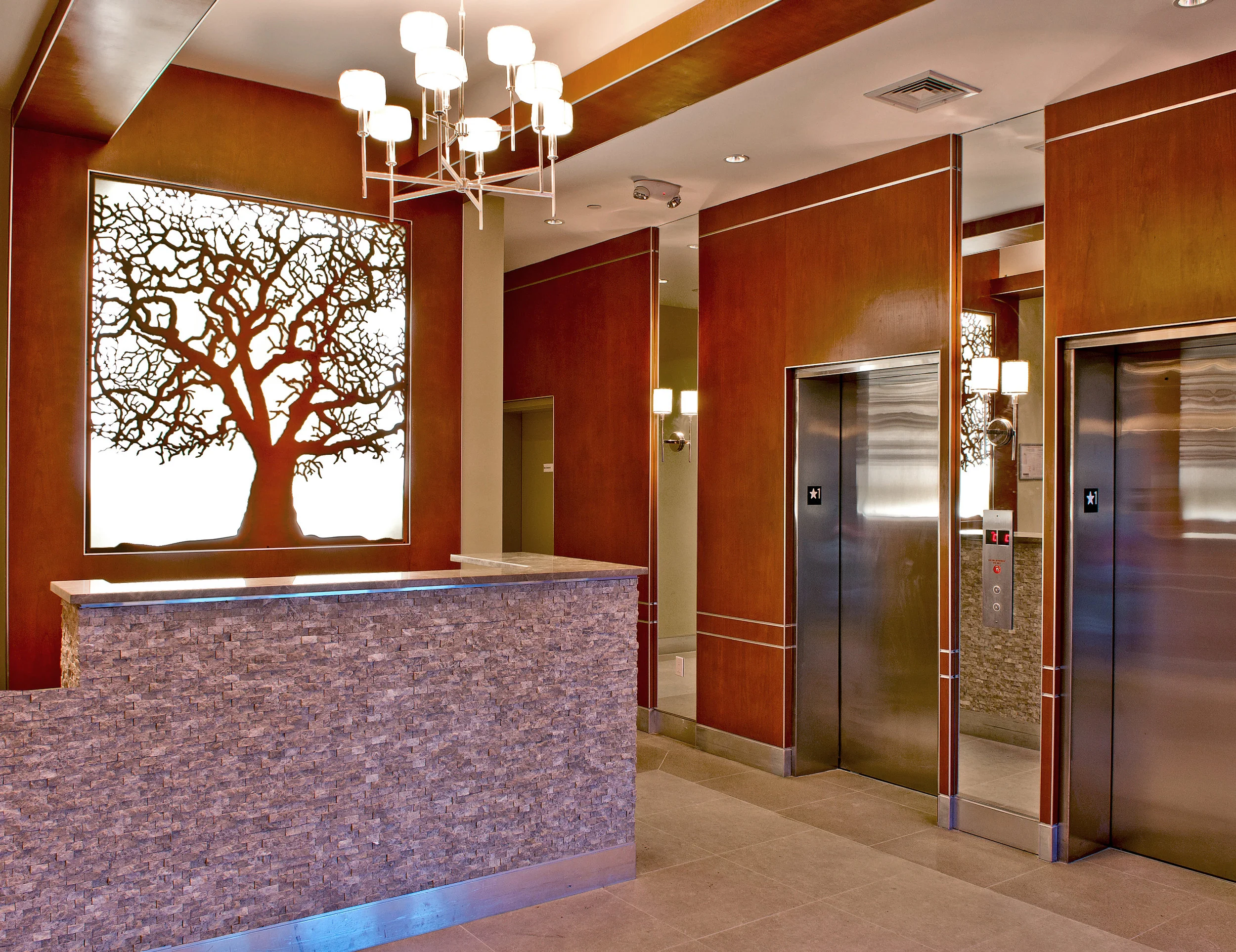Sycamore Lobby Apartments, NY - Clearview Development Custom Tree, backlit panel