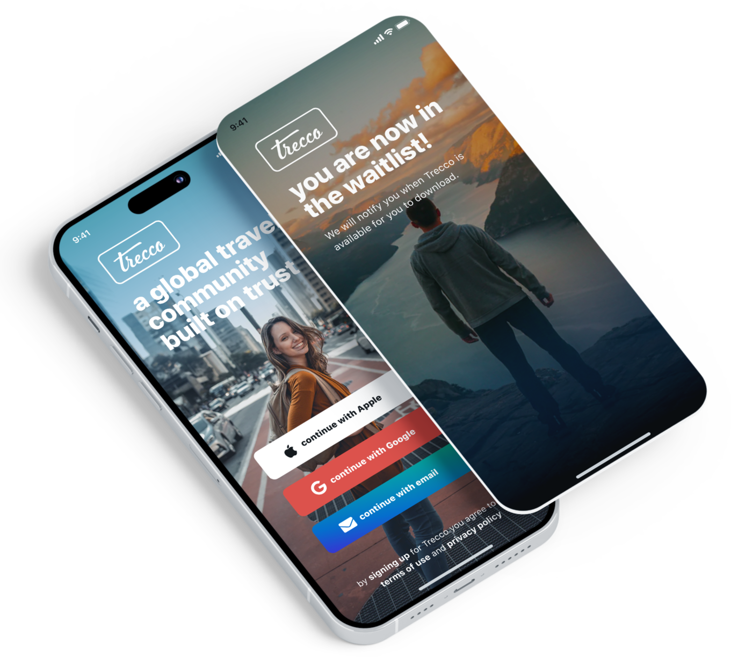 Screenshot of a mobile app called Trecco, showing two screens with options to continue with Apple, Google, or email sign-up, and photos of a woman smiling in a city and a man walking on a beach at sunset.
