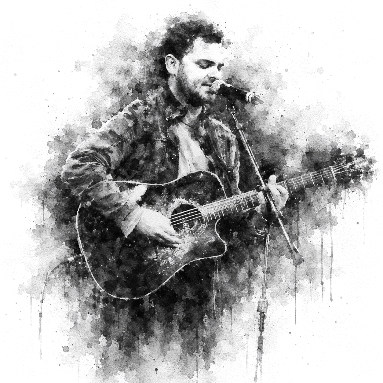 A person playing acoustic guitar and singing into a microphone, with a splashy watercolor effect in black and white.