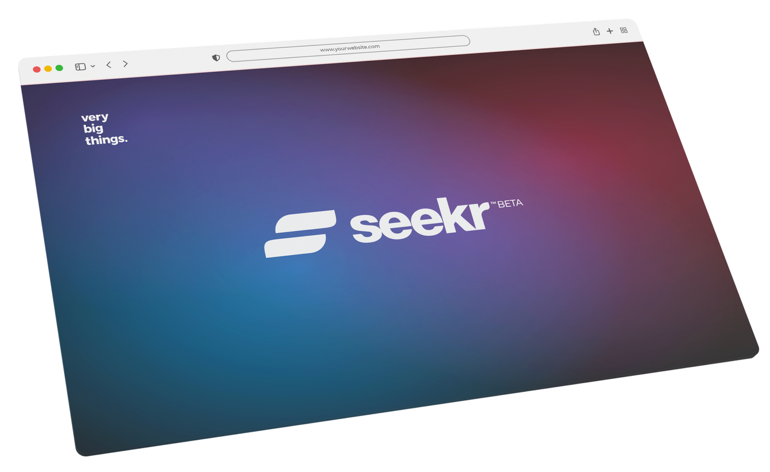 A computer monitor displays a webpage with a background gradient from purple to dark red. The text on the page reads "very big things" on the upper left and a logo with the word "seekr" and a stylized arrow symbol below.