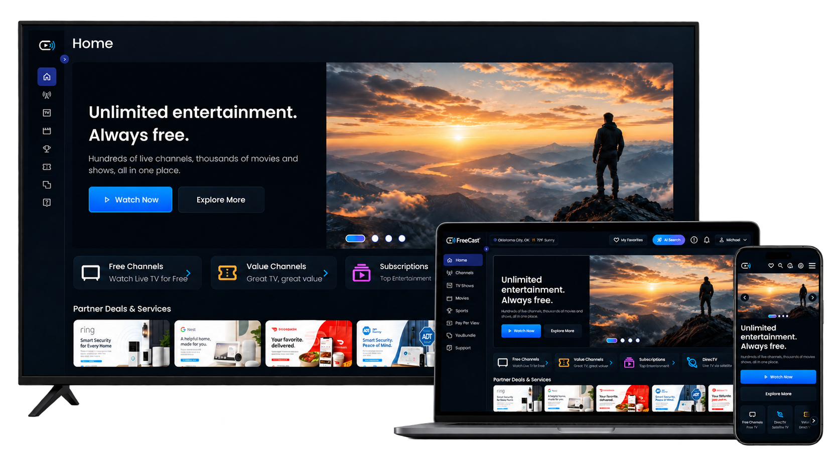 FreeCast redesigned home experience on TV, laptop, and mobile, with transparent surroundings.