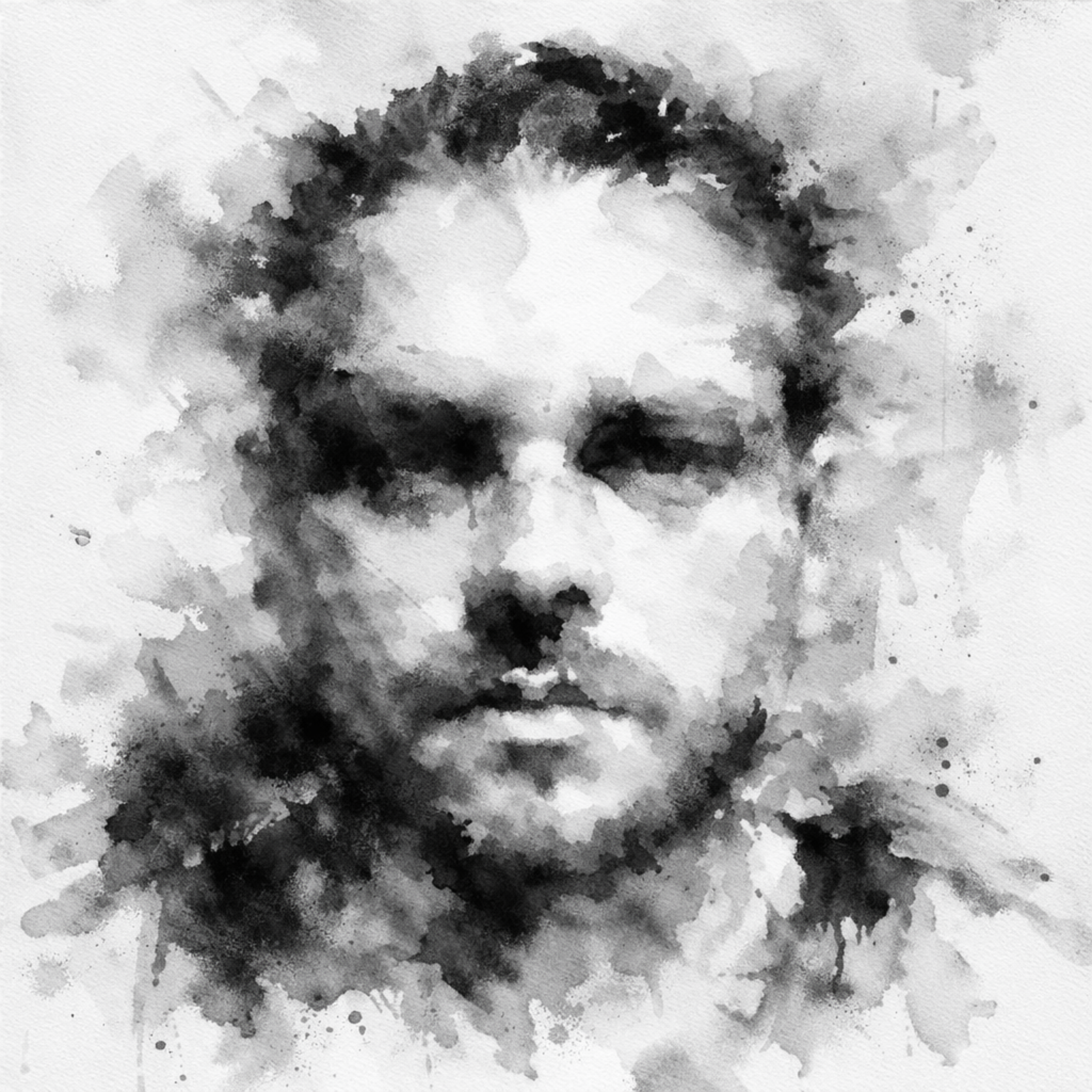Black and white watercolor painting of a dog's face.