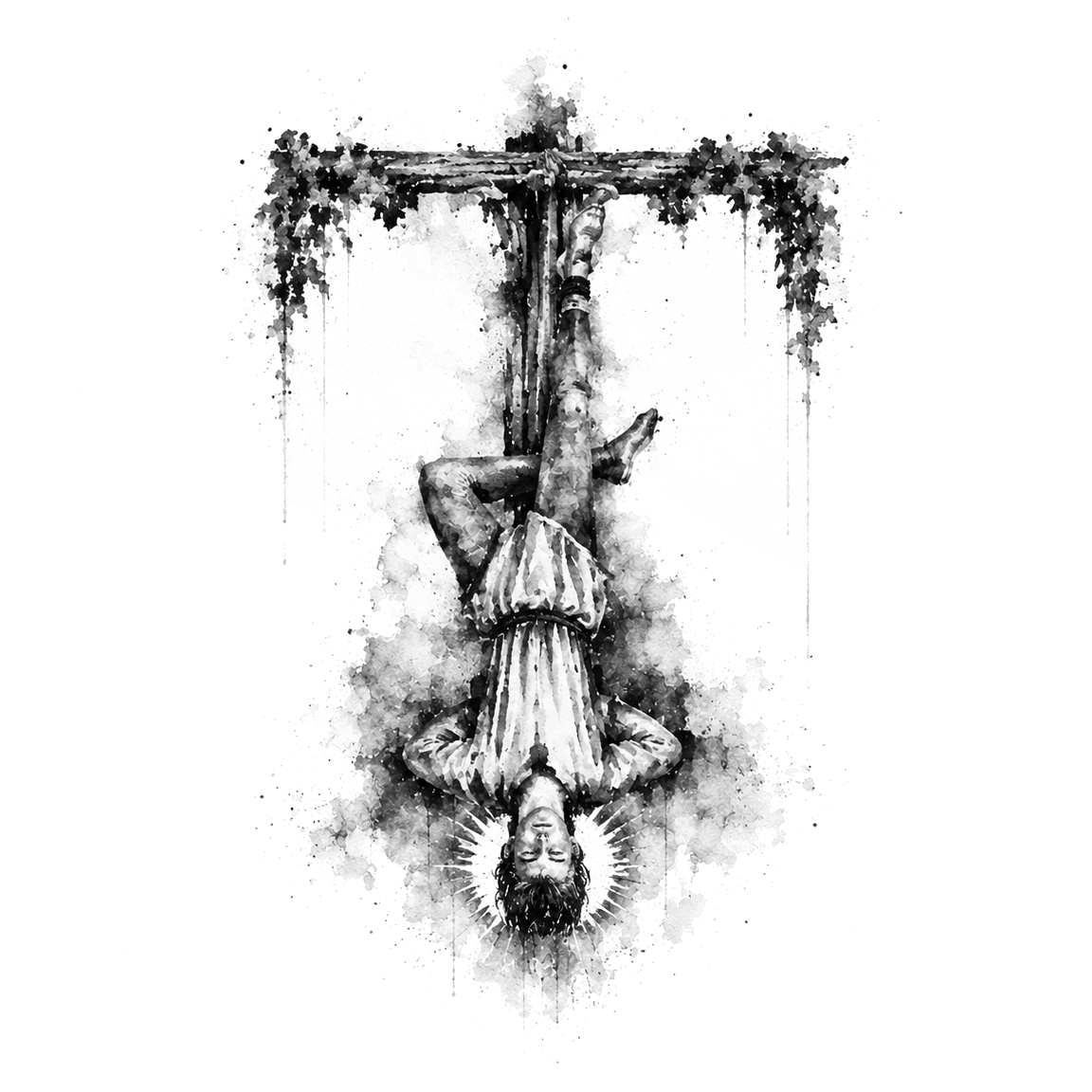 A black and white illustration of a woman praying with a halo around her head, surrounded by trees and a rustic cross, depicted in a spiritual or religious style.