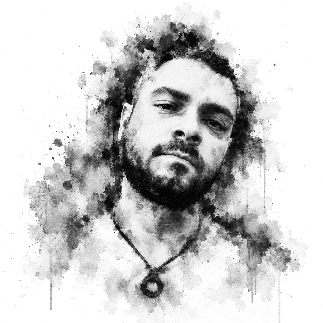 Black and white watercolor-style portrait of a man with dark curly hair, beard, and mustache, wearing a necklace with a circular pendant.
