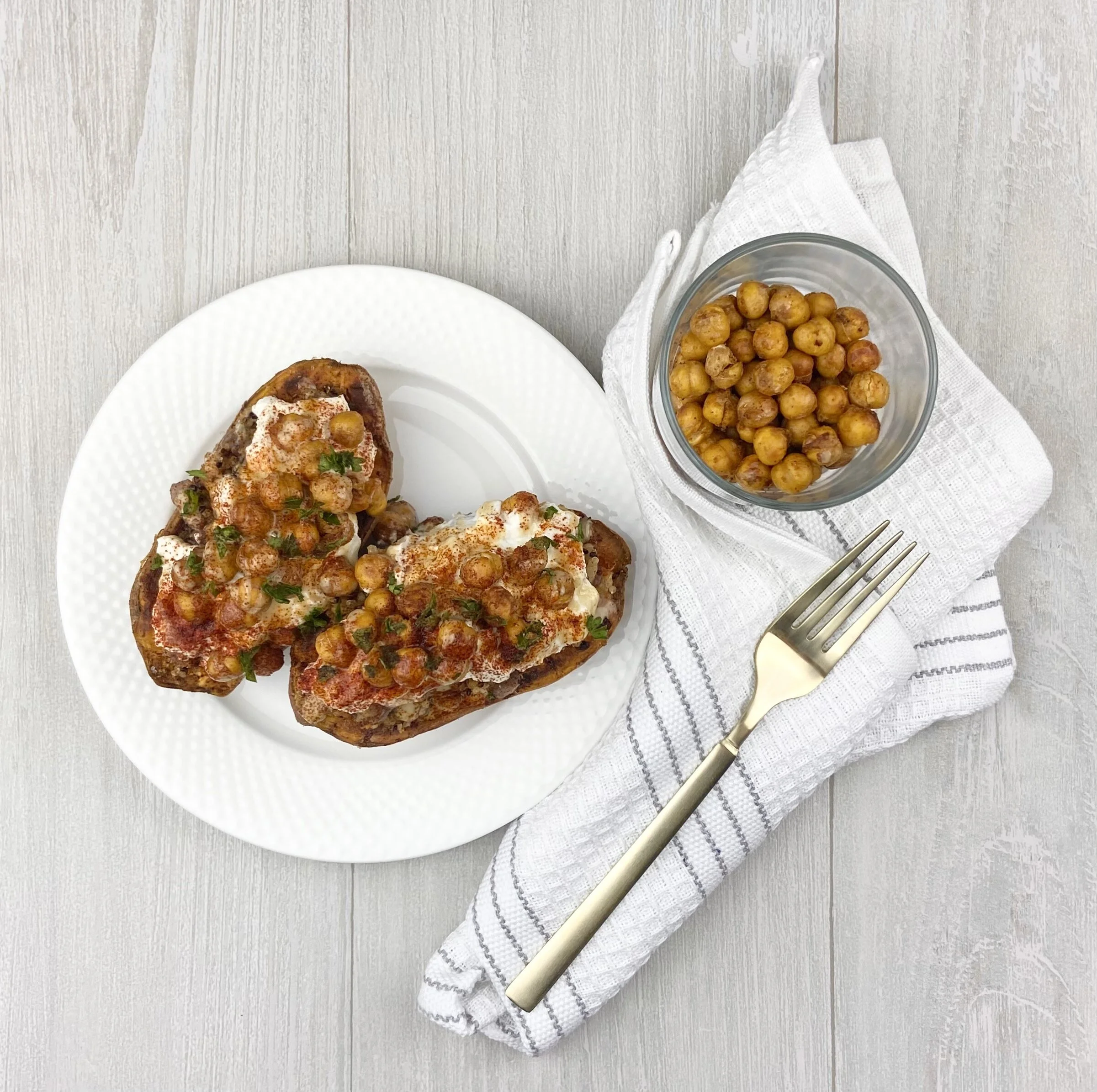Quinoa Stuffed Sweet Potatoes with Crispy Chickpeas &amp; Tahini