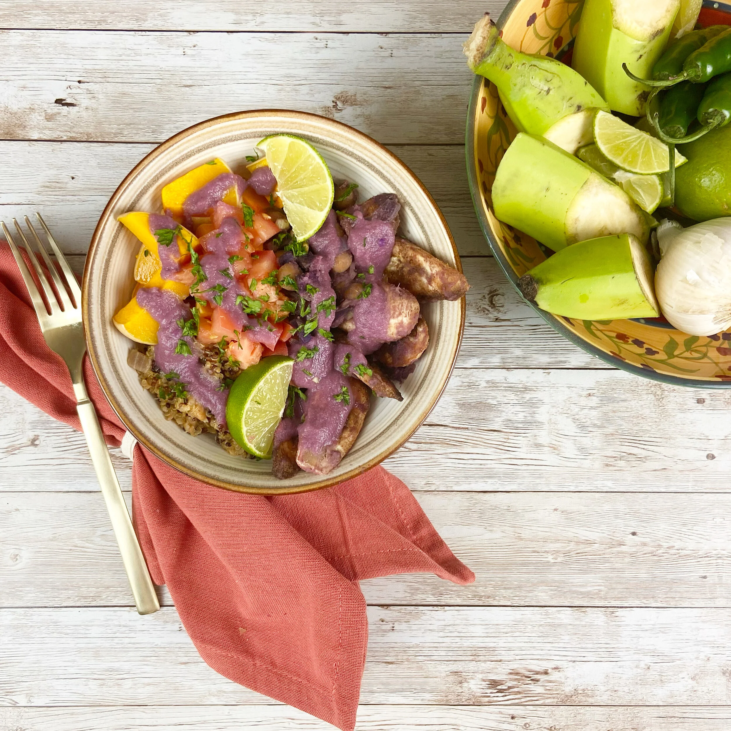 Green Banana Soyrizo Bowl with Butternut Squash & Purple Lime "Crema"