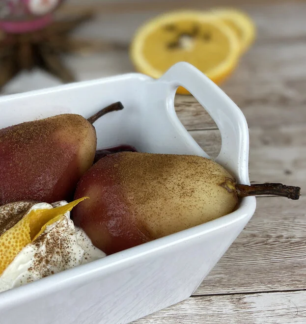 Spiced Wine Poached Pears with Drunken Cherries & Almond Cream