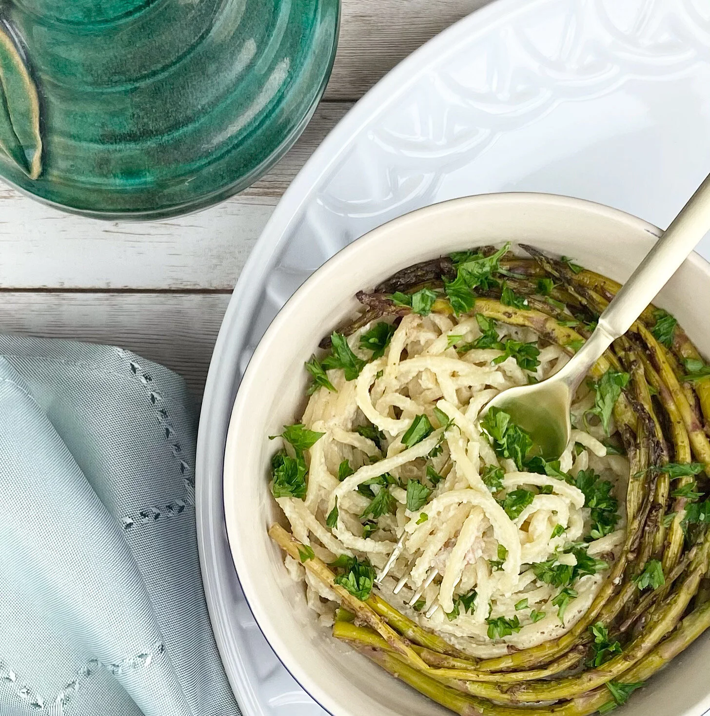 Vegan Alfredo Pasta with Balsamic Asparagus