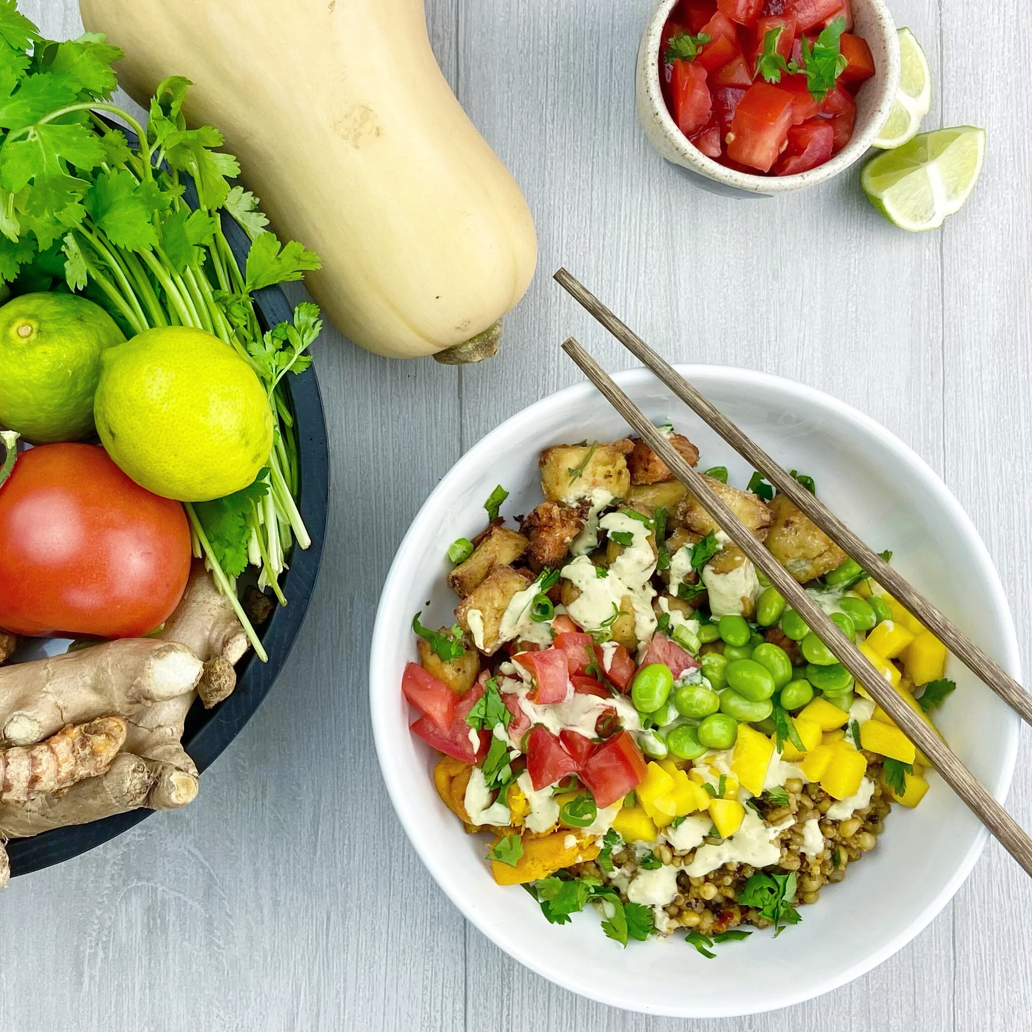 Crispy Tofu “Poke” Bowl with Butternut Squash, Mango, &amp; Creamy Cashew Soy Sauce