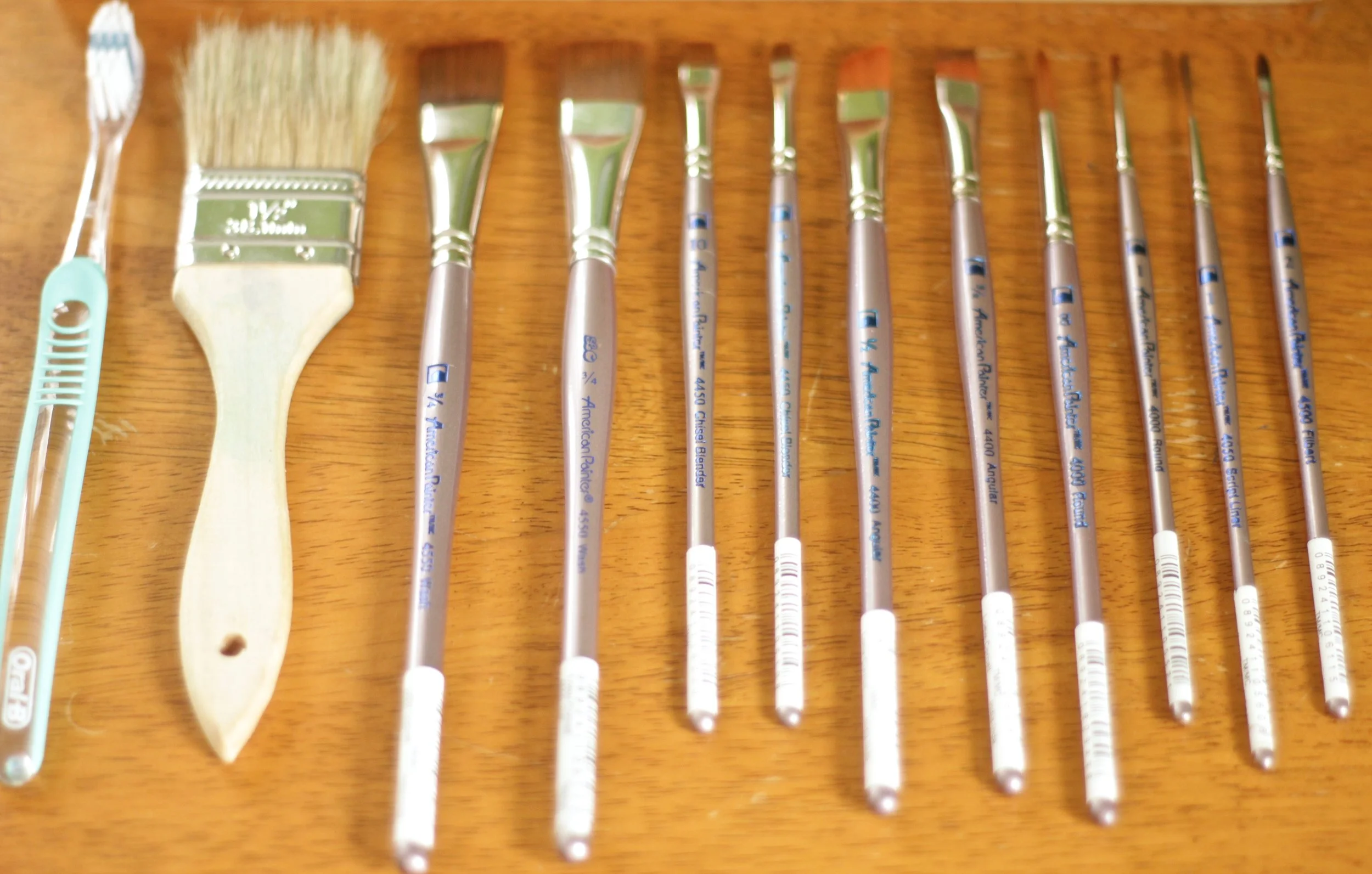 My main brushes are all the golden Taklon American Painter brushes by Loew-Cornell. 