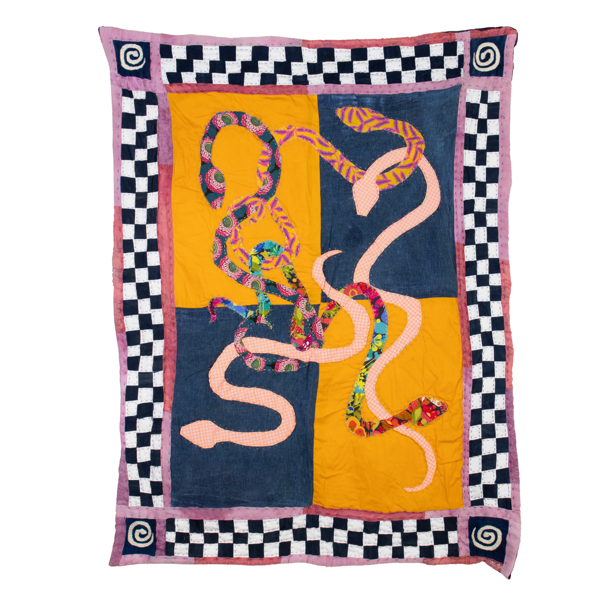 "Flag for Calling In and Out", 
hand quilted, hand applique, hand embroidery, natural dye, commercial fabric