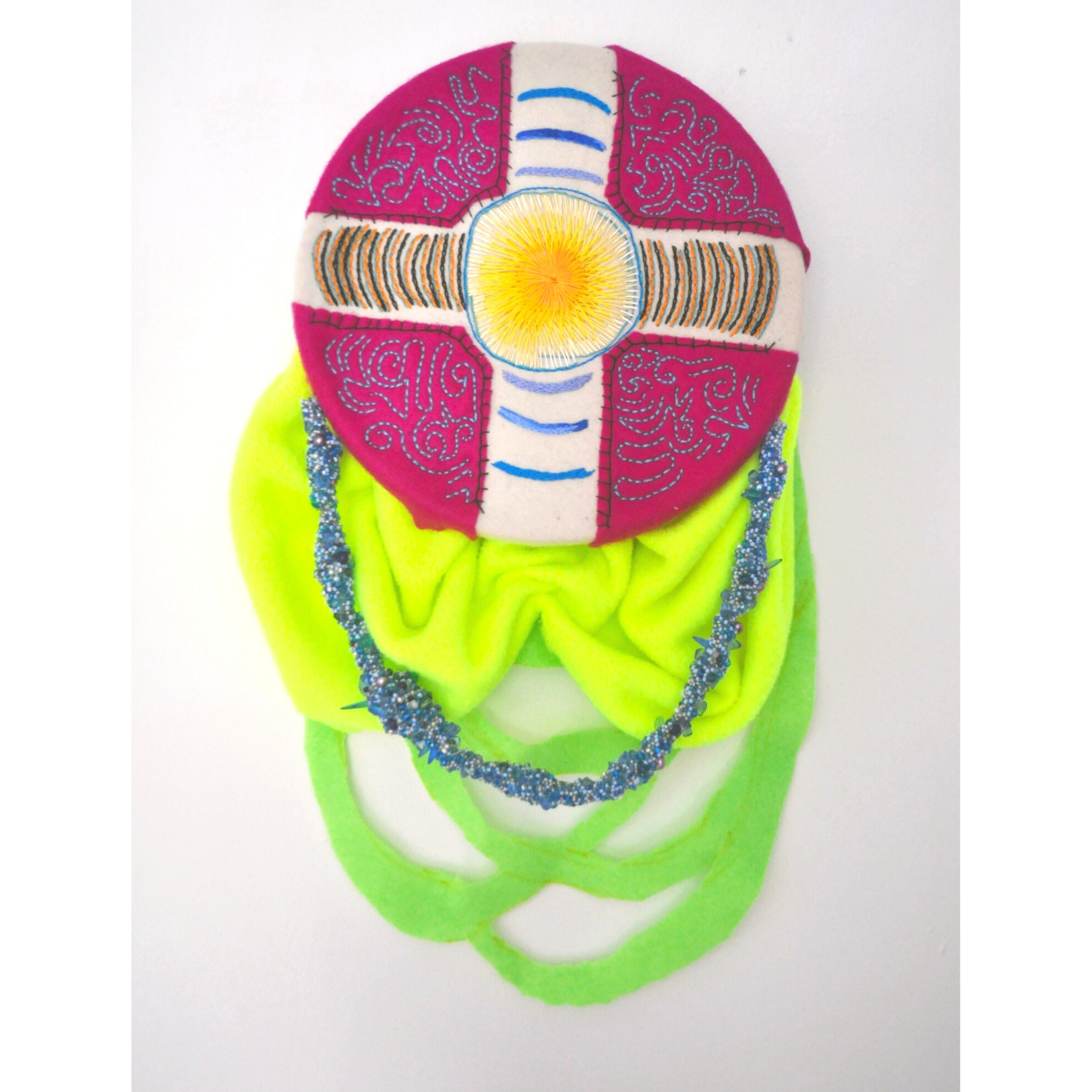 "Shield"
embroidery floss with fabric collage and beads in wooden hoop
12" x 18"
2020