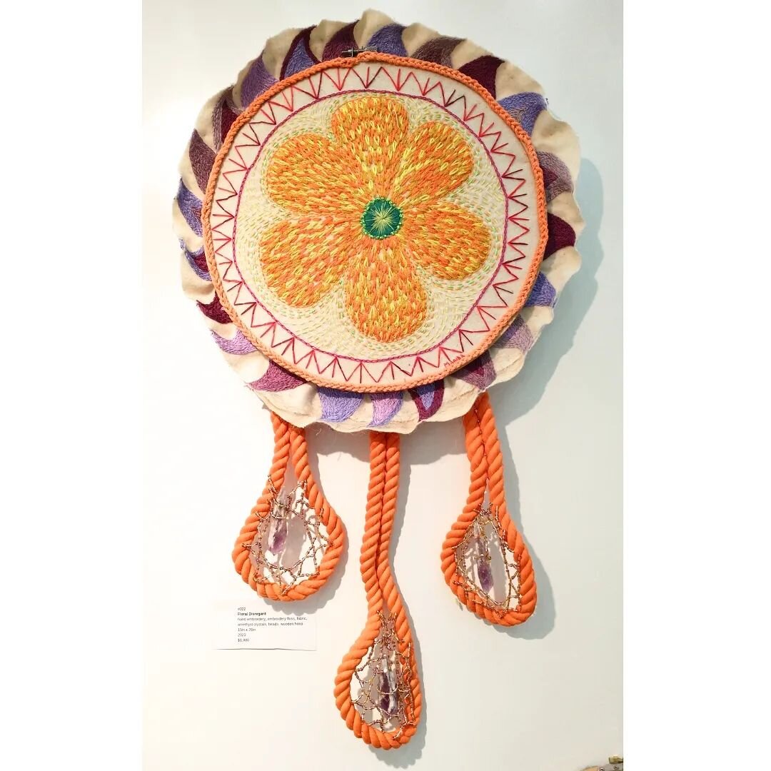 FLORAL DISREGARD/ Orange Shield
Yes,  there are amethyst.
Yup,  beads too, wooden in a short of dream catcher stitch.
Yes,  I did that type orange.
No,  not with natural dye. 
It's much too vibrant for natural dye though maybe one day I will have gai