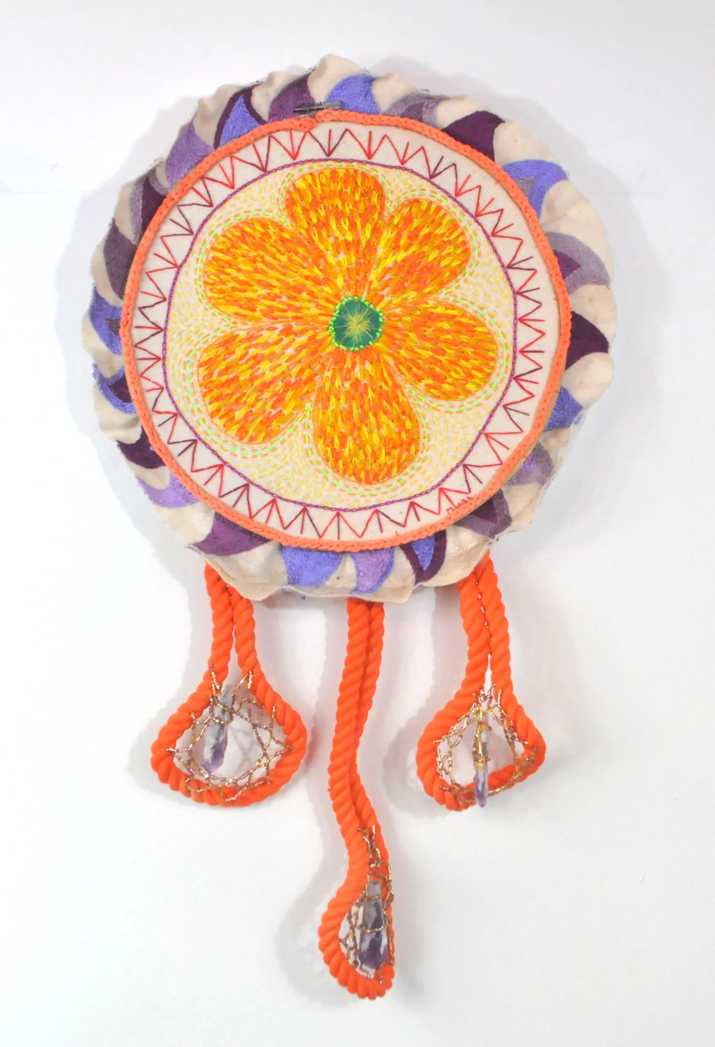 "Floral Disregard"
embroidery on felt, bead work, amethyst, rope
15" x 26"
2023