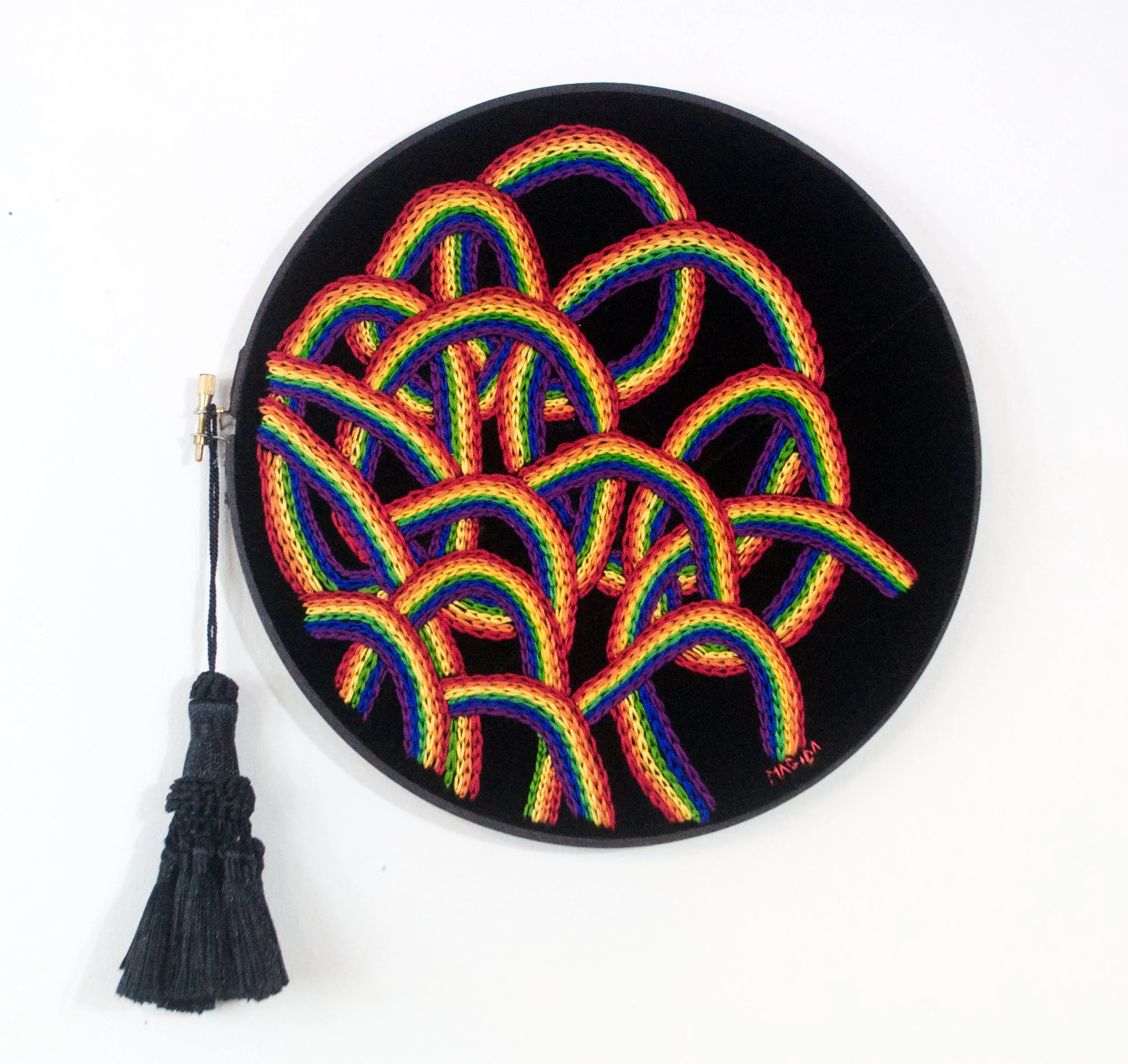 "Velvet Night Rainbow"
hand embroidery on velvet
10" diameter
2023