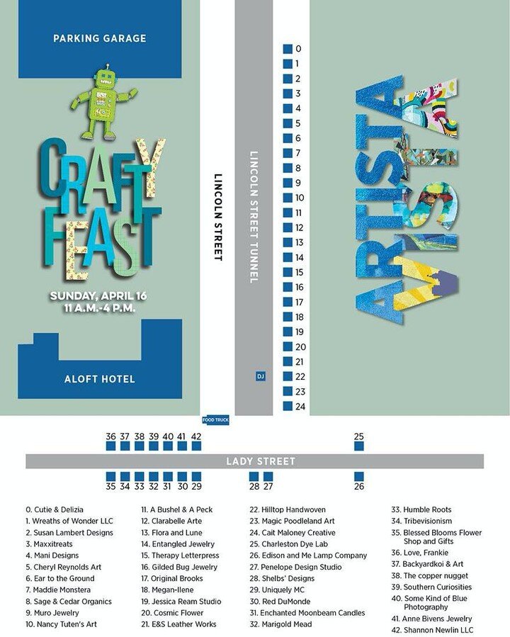 We are excited to see you tomorrow at Crafty Feast! Join us on the corner of Lincoln &amp; Lady Streets for a day of artists and makers. Shop til you drop from 11am-4pm. #ArtistaVista