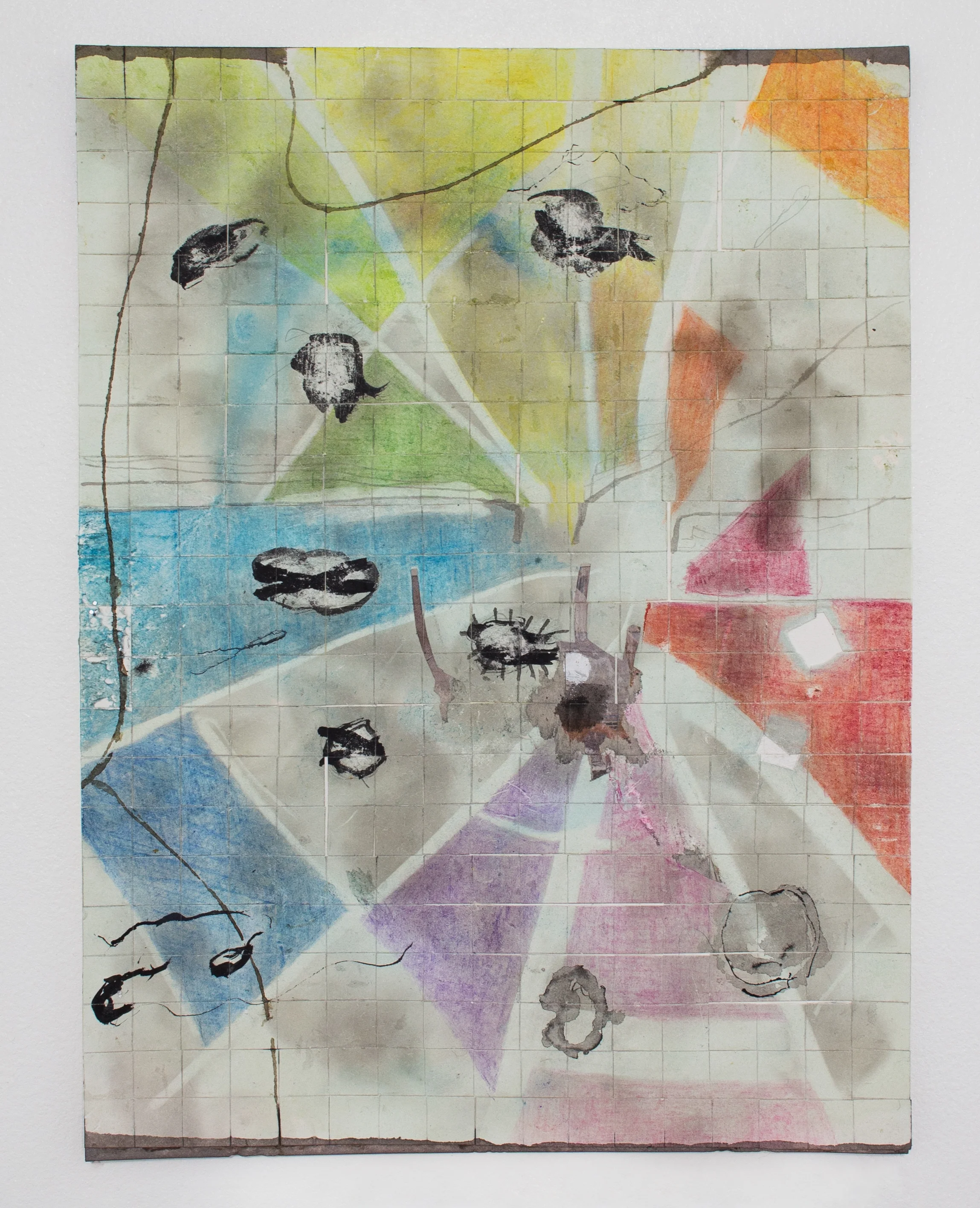 Untitled (Quilted Spectrum Collage) , 2018 ink, color pencil, ash, collage on cut and dyed paper