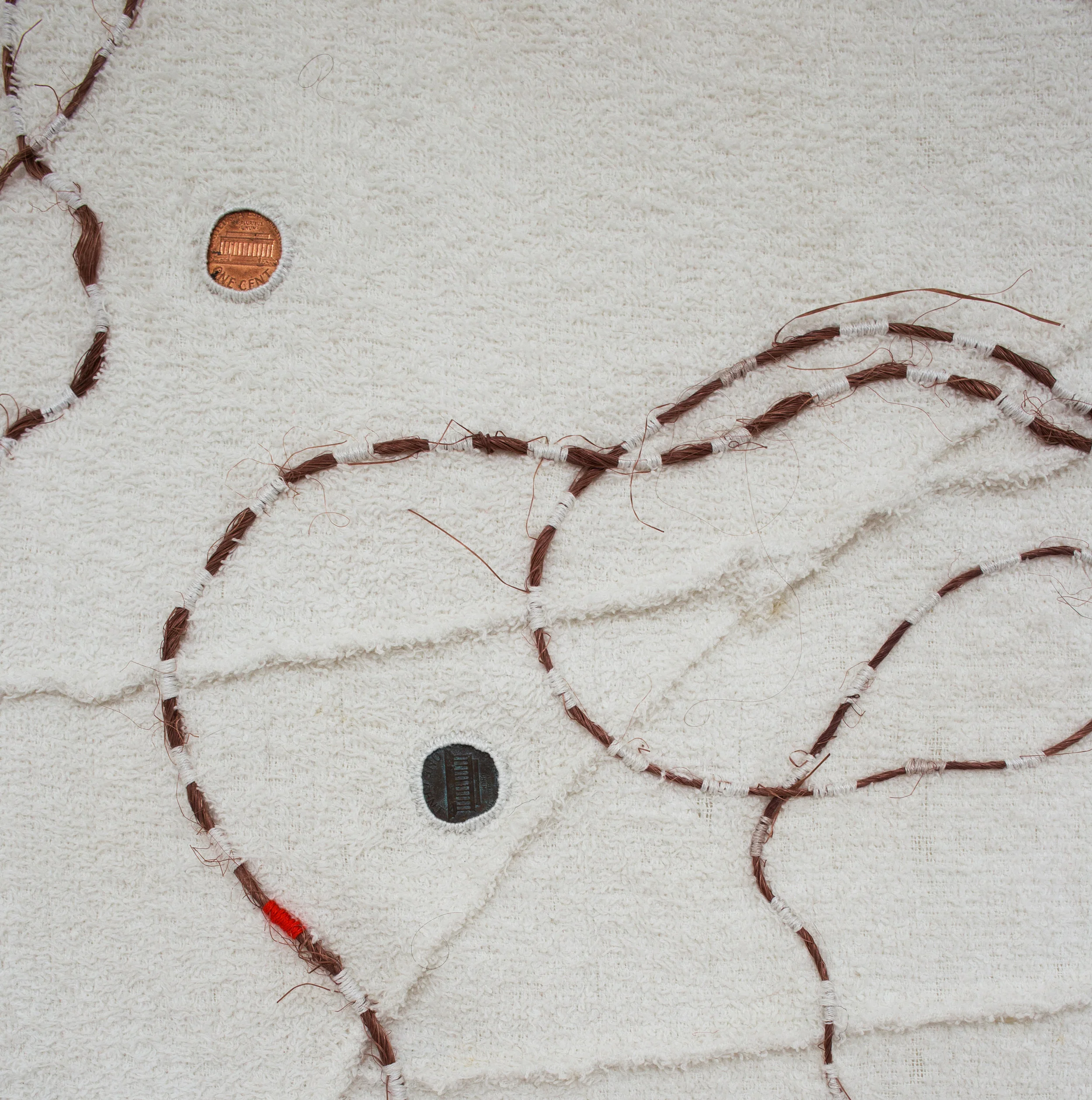 Desire Investments (detail) , 2018 Sisal, acrylic, cotton embroidery thread, pennies on found bath towel