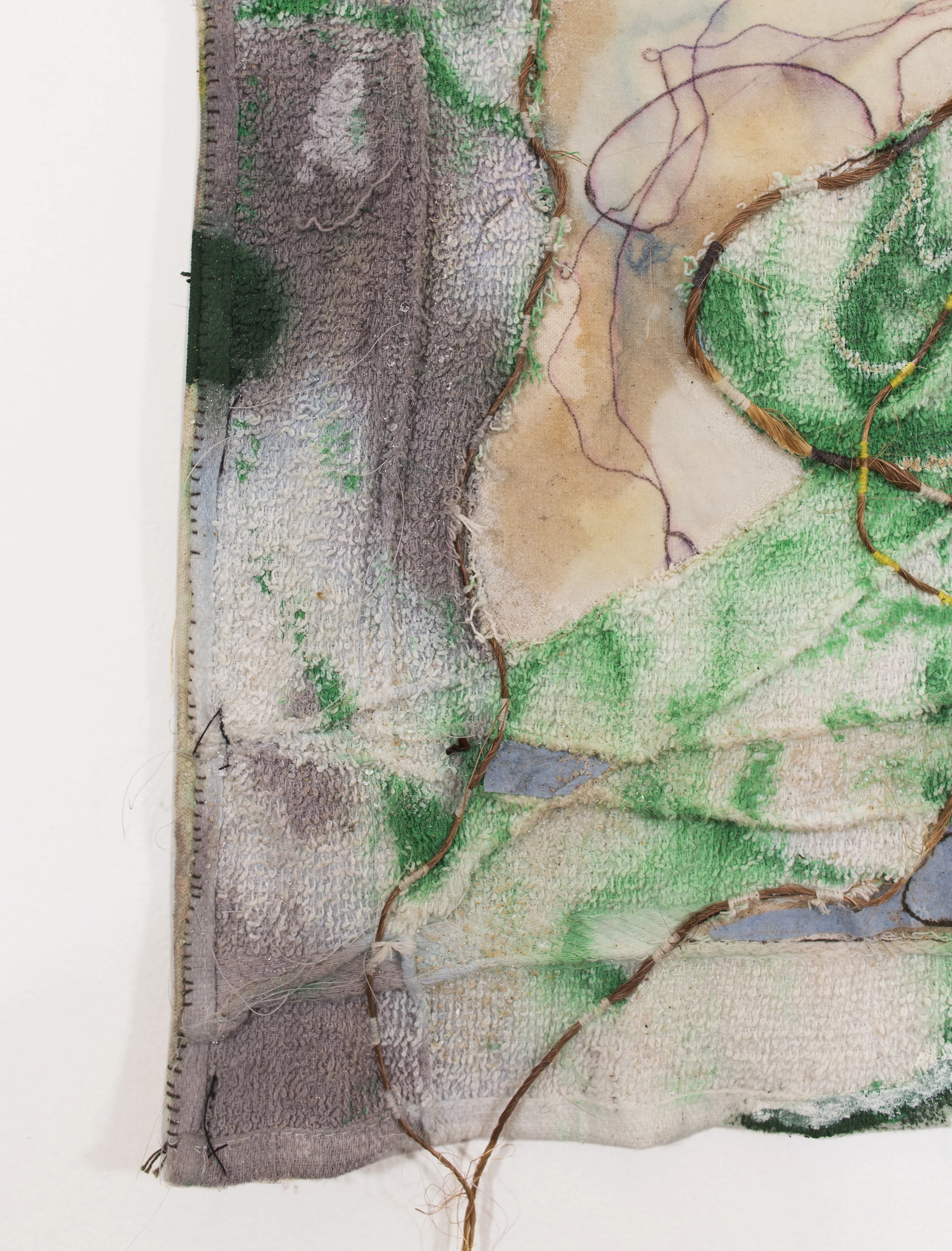 Tanya Tucker (detail) , 2018 dye, latex, oil, embroidered sisal, found objects, sand, salt, found towel, on canvas