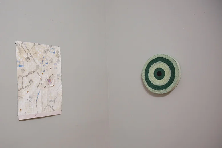 Left: A Cosmology , 2016-2017 Right: Oklahoma City , 2016 dyed canvas, thread, acrylic on wood