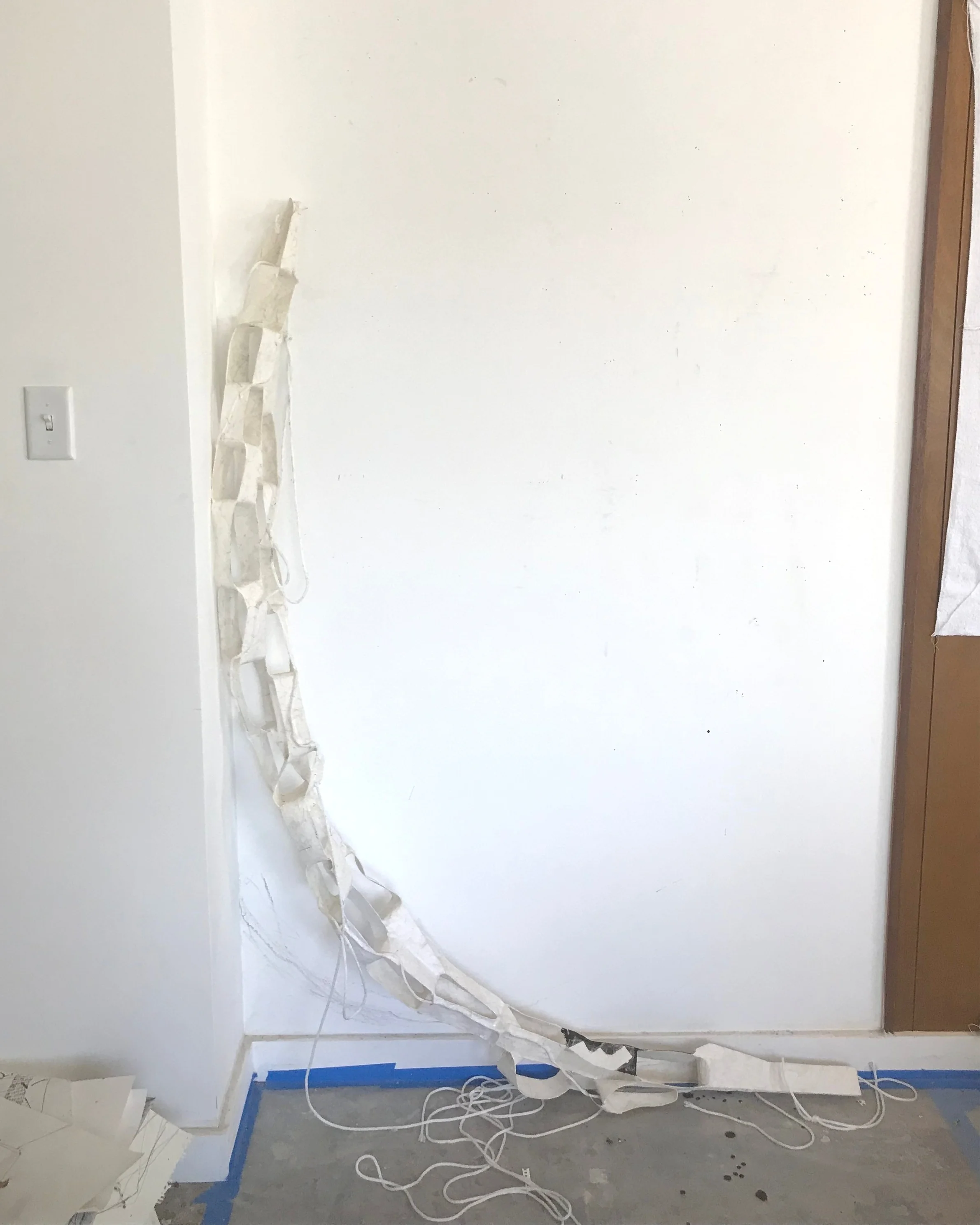 paper chain, work in progress, 2019 paper mache, nylon rope. approx. 8’