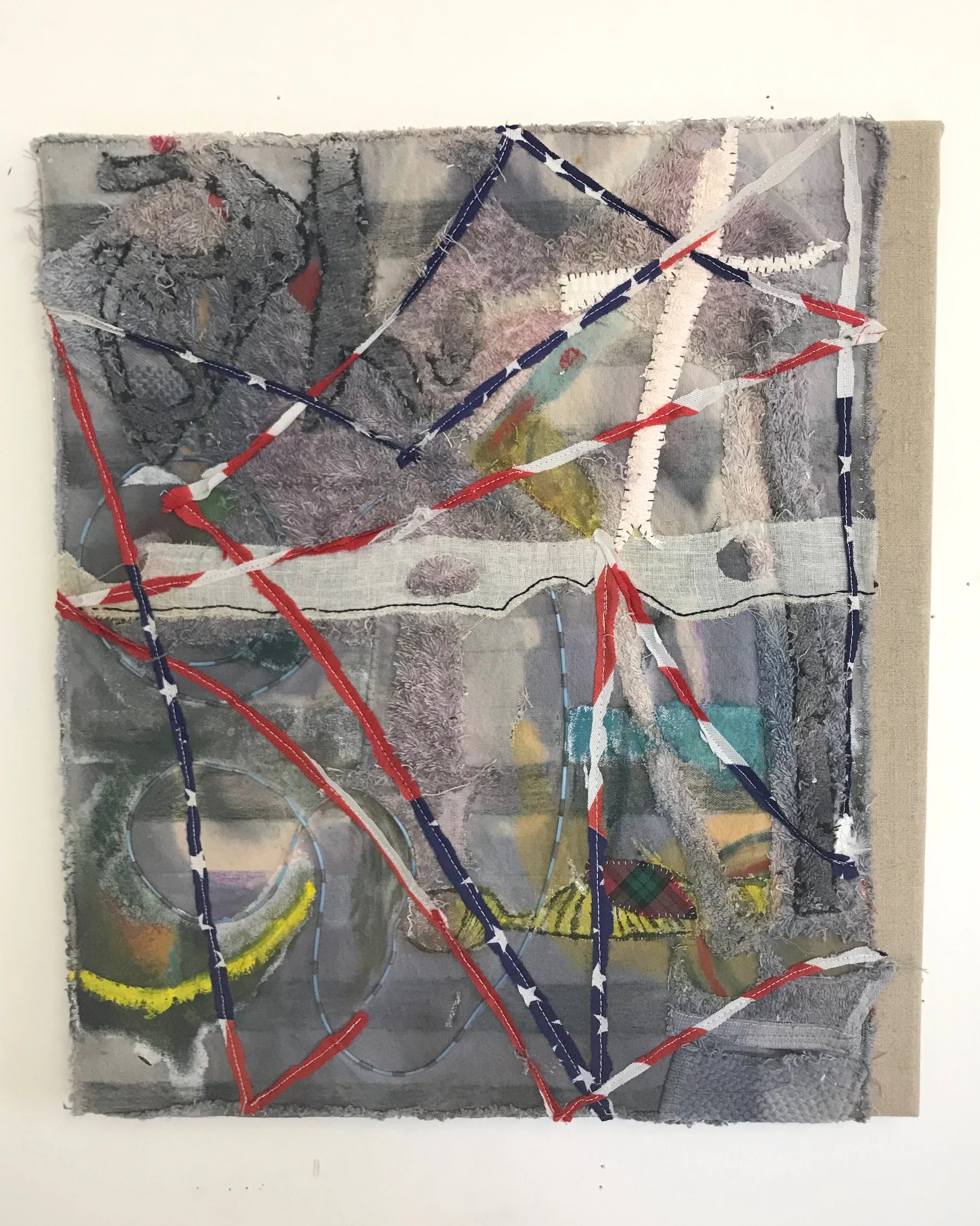 dye, oil, embroidery, found towels and fabric, american flag on linen, 2019