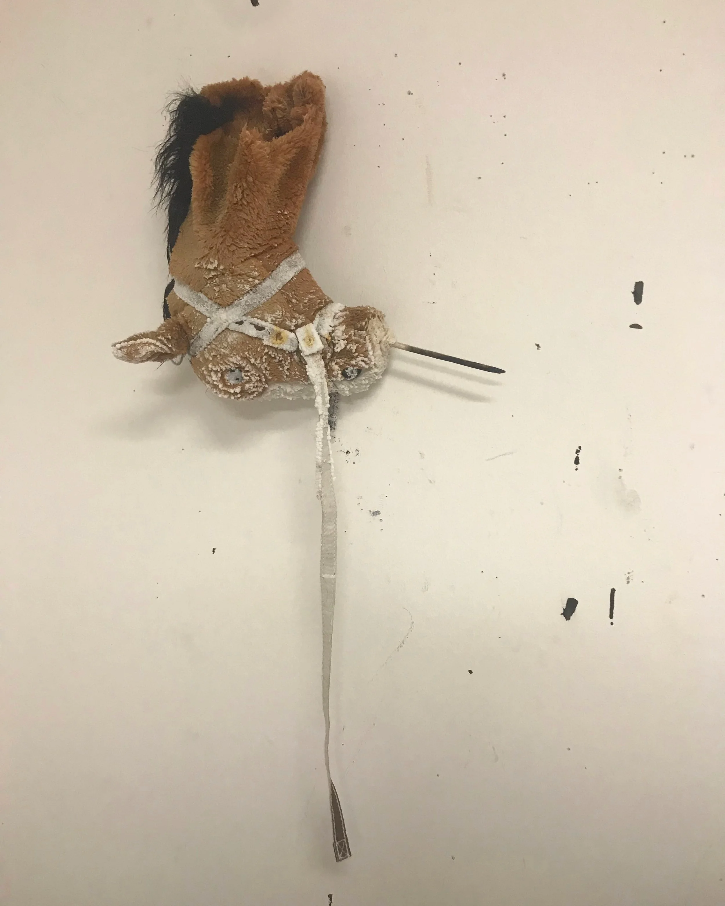 salt in head of found stick pony, dowel rod, rust, ash, 2019