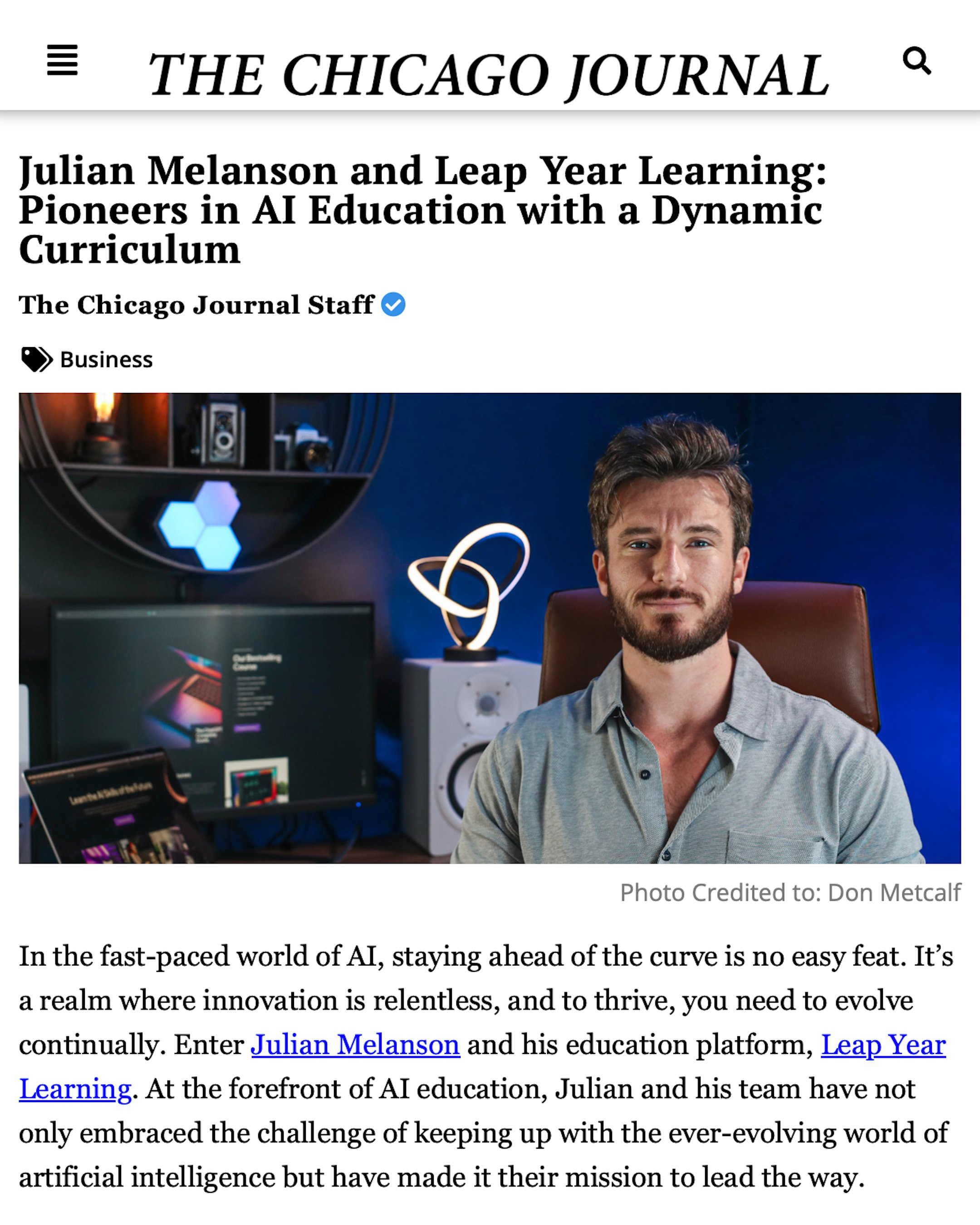 CHICAGO JOURNAL JULIAN MELANSON AI EXPERT FILMMAKER DIRECTOR ONLINE TEACHER CEO WEEKLY.jpg