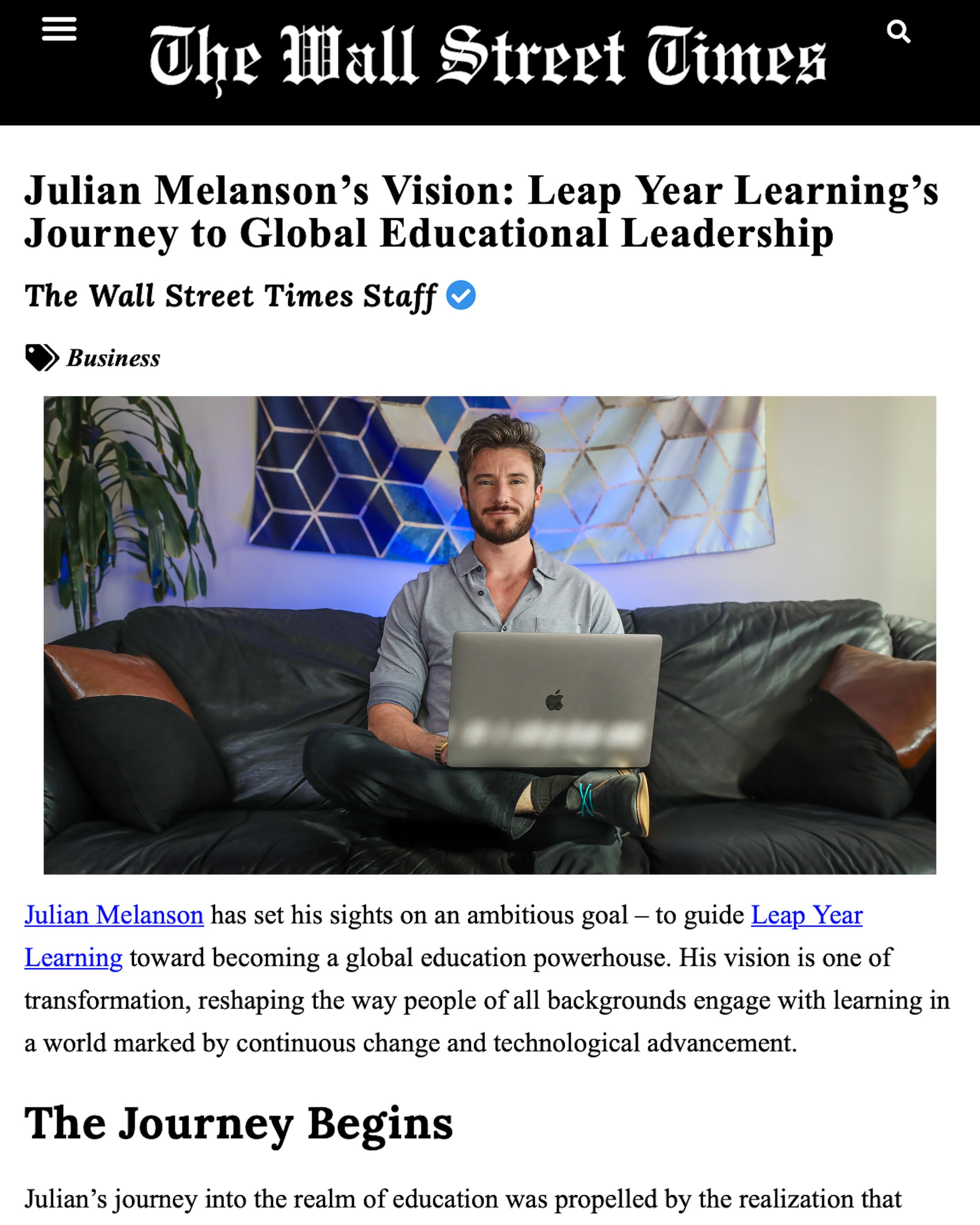 WALL STREET TIMES JULIAN MELANSON AI EXPERT FILMMAKER DIRECTOR ONLINE TEACHER CEO WEEKLY.jpg