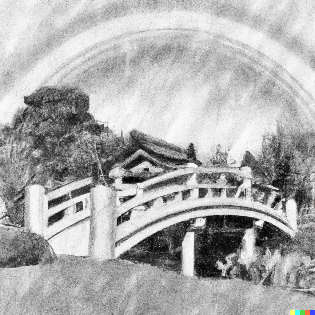 "Grayscale Sketch of a Rainbow Over a Japanese Tea Garden Bridge"