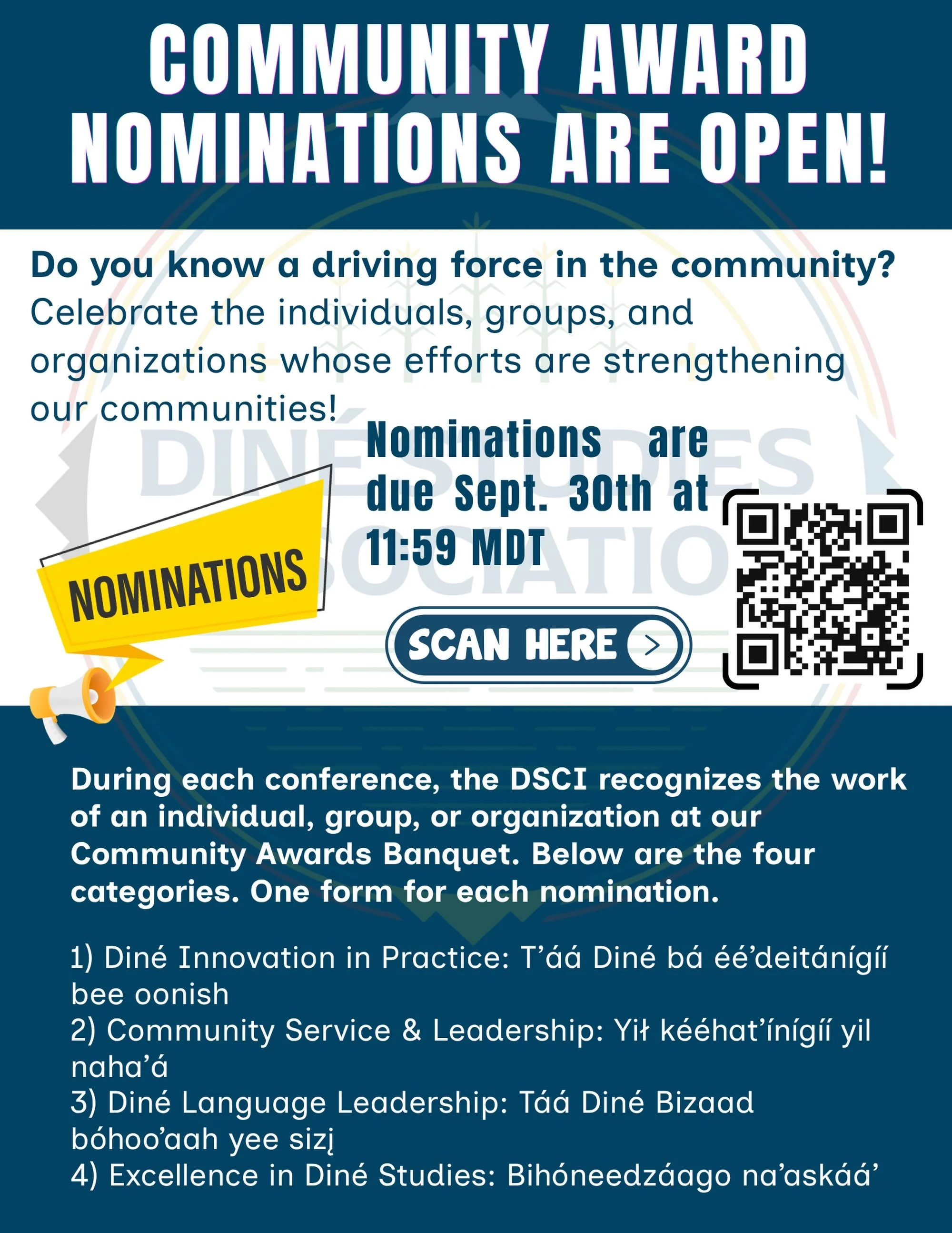 Community Awards Nominations are open for our 24th Din&eacute; Studies Conference! Do you know someone who innovates or leads within their community? Do you know someone who excels in language leadership and has contributed greatly to the field of Di