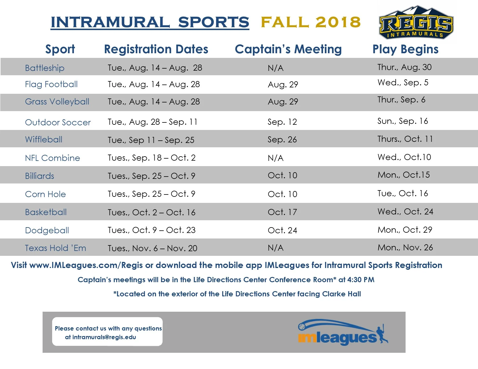 Schedule of Intramurals, provided by Fitness Center