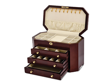 Jewelry boxes available in beautiful wood finishes with drawers and compartments to organize all her favorite jewelry.