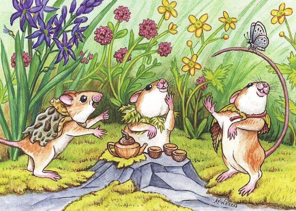A blue butterfly joins the mice for tea in the white oak meadows.