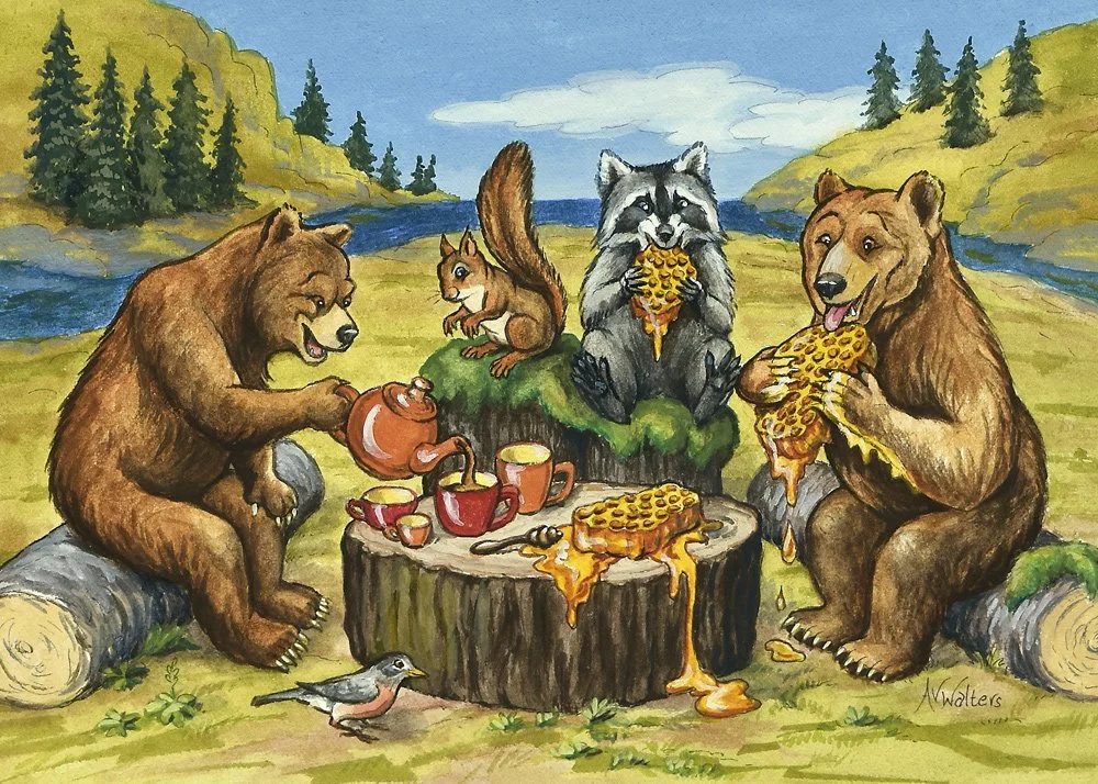 The wildlife of Comfort Colony is enjoying tea with honey.