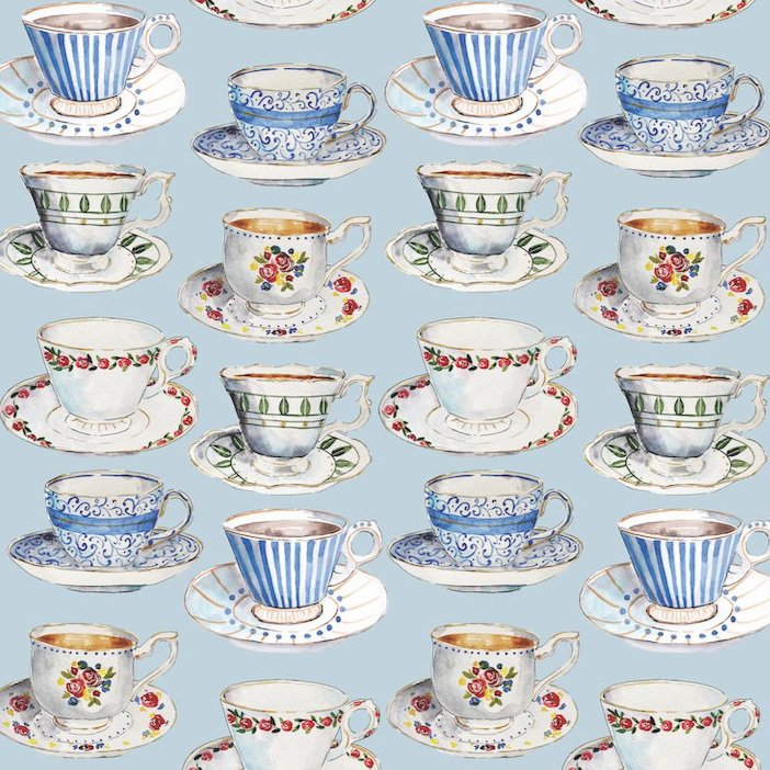 Teacups on pale blue
