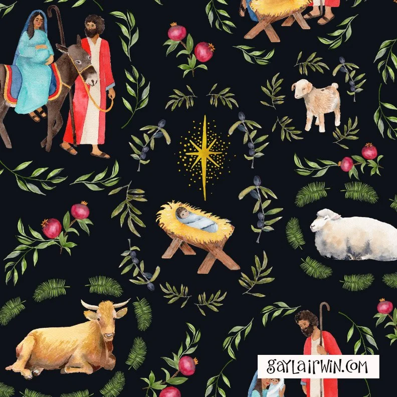 I&rsquo;ve been working on this Nativity design in watercolor, with Mary, Joseph, and Baby Jesus surrounded by animals and plants native to the Holy Land. 👶🏽 🌟🐑🐄🐐🫏 🌿🌴

I am trying three different colorways for the background: black, blue, an