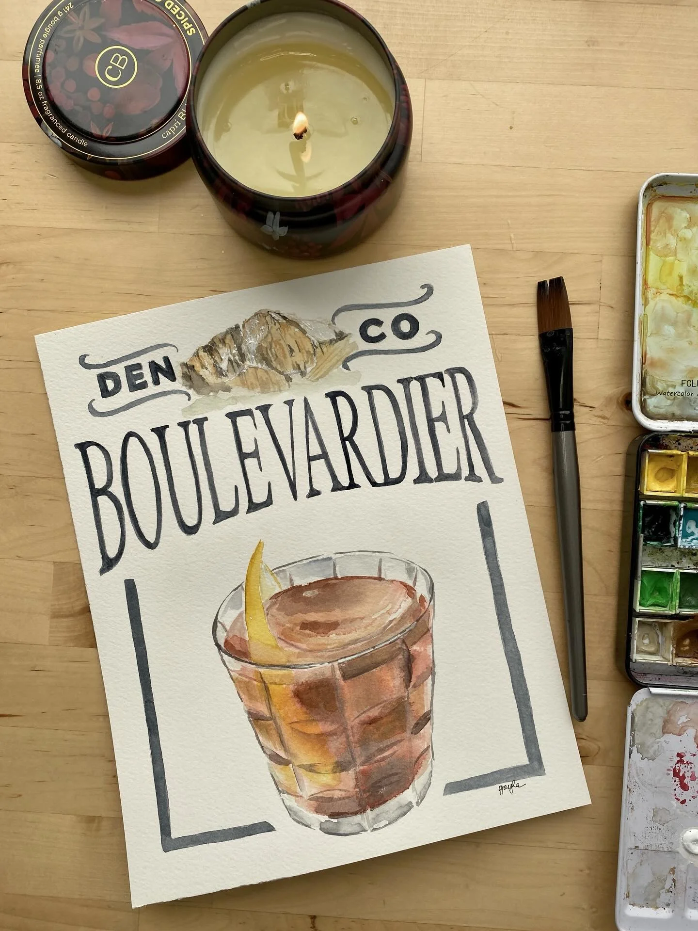 One of my favorite watercolor projects was this Christmas request, from my son-in-law.  Scott is a climber, so it included a favorite Colorado climbing spot, Long&rsquo;s Peak.  And he loves making this gorgeous cocktail, the Boulevardier. 🥃🧗🏻&zwj