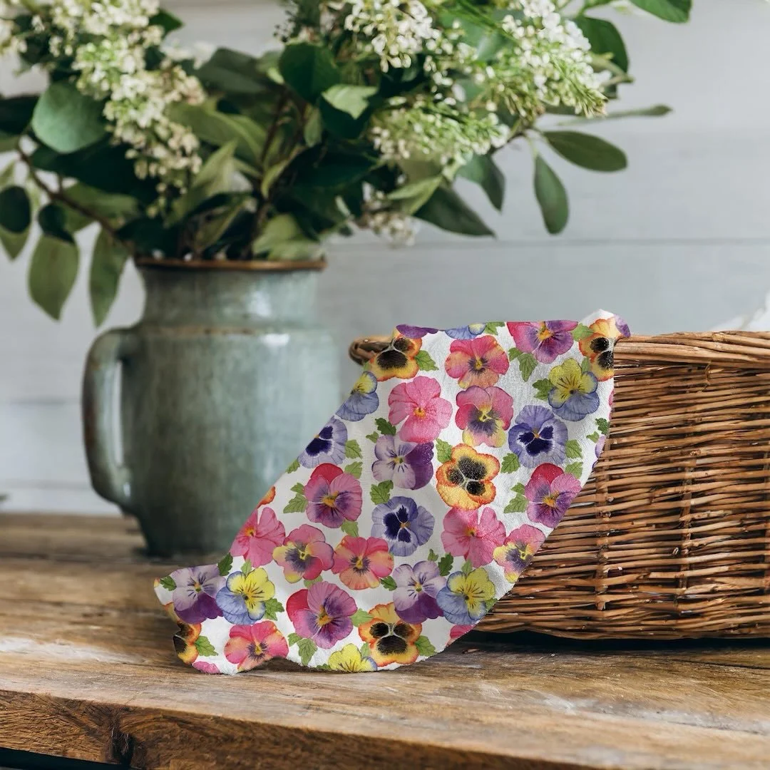 NEW!  Pansies Tea Towels, just in time to celebrate the lovely mothers in your life.  These 100% cotton flour sack tea towels will bring fun, joyful color to any kitchen.  Link in my stories.  Or at gaylairwin com. 💜 💛 🩷 💚 🩵 

#gaylairwinart