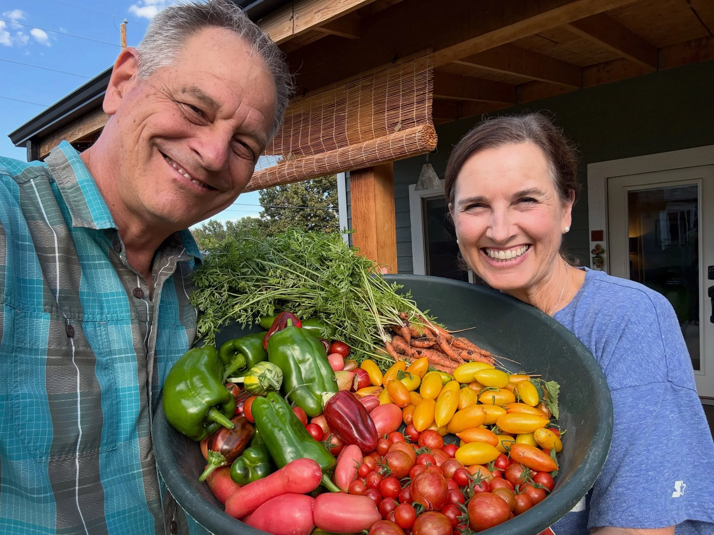 Our garden haul from yesterday. It started a bit slow, but it&rsquo;s been a bountiful year for our little garden! 🍅🥕🥦 🫑
