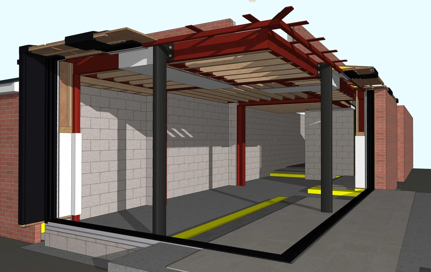 Architectural rendering of a building under construction, showing a garage or carport with steel framing, concrete block walls, and a flat roof with exposed wooden beams. Bright yellow wheel stops are installed on the concrete floor.