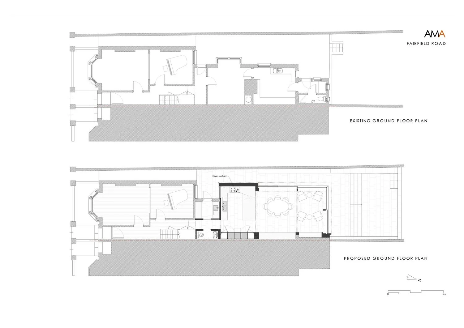 Floor plans showing existing ground floor plan and proposed ground floor plan with an outdoor patio area, interior living space, kitchen, dining area, and a rooftop eave extension.