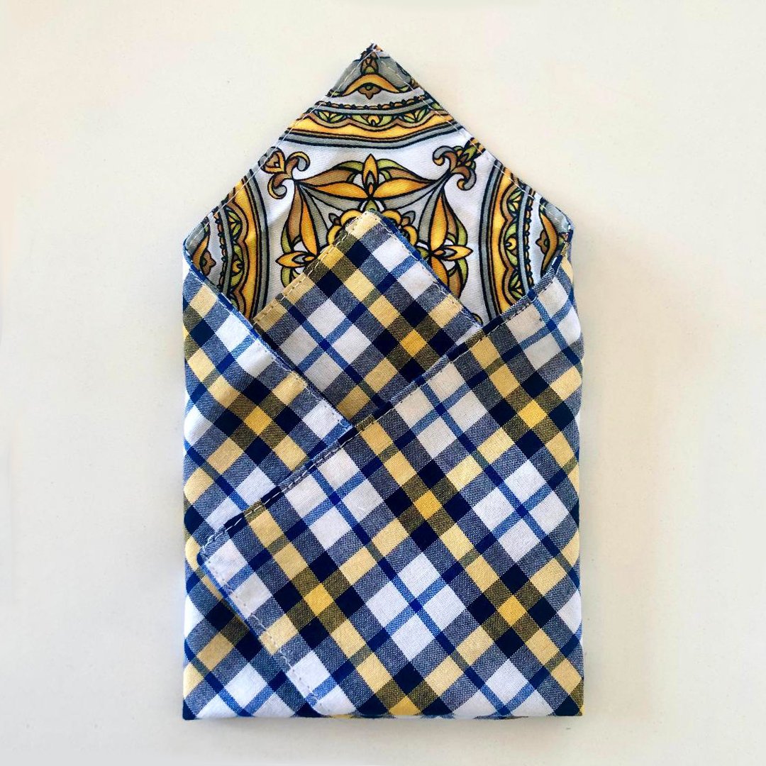 Reversible Plaid and Kaleidoscope Pocket Square- Gold